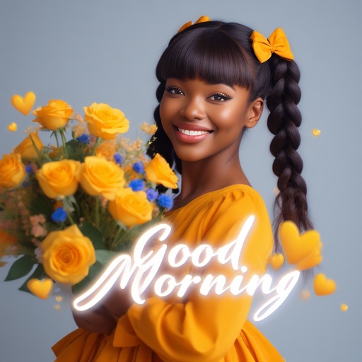 Create ultra-realistic cinematic glamour image 100% copy face , identical to the attached image. A young Kenyan woman curvy body with winks playful. Pose & Expression: She is smiling radiantly and making a small Kenyan finger heart gesture (or similar "come hither" hand motion) with her right hand toward the viewer. She is looking directly at the camera. Attire: She is wearing a bright, mustard-yellow or deep orange dress with long sleeves, featuring a pleated or flowing skirt. Hair: Her hair is styled in two high braided pigtails tied with matching yellow bows. She has soft bangs. Accessories: She is holding a large, beautiful bouquet of vibrant, warm-toned yellow or orange roses (or similar flowers) with a few small blue/purple accent flowers and green leaves. The flowers are partially obscuring her left arm. Background: Simple, soft, out-of-focus background in a slightly muted cool tone (grey or light blue) to make the yellow dress and flowers pop. Overlays & Text: Floating Elements: Small, stylized, golden or yellow heart shapes are floating around the subject (especially near the head and on the sides). Text Overlay: The words "Good Morning" are prominently displayed in a large, elegant, flowing white script font at the bottom center of the image. The text might have a subtle drop shadow or glow. Soft, dramatic high-key lighting, beautiful skin texture, elegant, shallow depth of field. Realistic high detail HD shot and glamour shot. best-image-ever, fully-clothed, sfw, realistic, best-image ever, ultra-detailed, ultra-high realism, ultra-high detail, beautiful, cute, fresh faced,, perfect body, perfect face, (masterpiece), (best quality), high quality, (((((detailed))))) ,