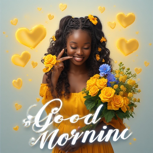 Create ultra-realistic cinematic glamour image 100% copy face , identical to the attached image. A young Kenyan woman curvy body with winks playful. Pose & Expression: She is smiling radiantly and making a small Kenyam finger heart gesture (or similar "come hither" hand motion) with her right hand toward the viewer. She is looking directly at the camera. Attire: She is wearing a bright, mustard-yellow or deep orange dress with long sleeves, featuring a pleated or flowing skirt. Hair: Her hair is styled in two high braided pigtails tied with matching yellow bows. She has soft bangs. Accessories: She is holding a large, beautiful bouquet of vibrant, warm-toned yellow or orange roses (or similar flowers) with a few small blue/purple accent flowers and green leaves. The flowers are partially obscuring her left arm. Background: Simple, soft, out-of-focus background in a slightly muted cool tone (grey or light blue) to make the yellow dress and flowers pop. Overlays & Text: Floating Elements: Small, stylized, golden or yellow heart shapes are floating around the subject (especially near the head and on the sides). Text Overlay: The words "Good Morning" are prominently displayed in a large, elegant, flowing white script font at the bottom center of the image. The text might have a subtle drop shadow or glow. Soft, dramatic high-key lighting, beautiful skin texture, elegant, shallow depth of field. Realistic high detail HD shot and glamour shot. best-image-ever, fully-clothed, sfw, realistic, best-image ever, ultra-detailed, ultra-high realism, ultra-high detail, beautiful, cute, fresh faced,, perfect body, perfect face, (masterpiece), (best quality), high quality, (((((detailed)))))