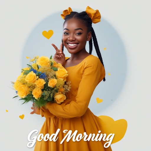 Create ultra-realistic cinematic glamour image 100% copy face , identical to the attached image. A young Kenyan woman curvy body with winks playful. Pose & Expression: She is smiling radiantly and making a small Kenyan finger heart gesture (or similar "come hither" hand motion) with her right hand toward the viewer. She is looking directly at the camera. Attire: She is wearing a bright, mustard-yellow or deep orange dress with long sleeves, featuring a pleated or flowing skirt. Hair: Her hair is styled in two high braided pigtails tied with matching yellow bows. She has soft bangs. Accessories: She is holding a large, beautiful bouquet of vibrant, warm-toned yellow or orange roses (or similar flowers) with a few small blue/purple accent flowers and green leaves. The flowers are partially obscuring her left arm. Background: Simple, soft, out-of-focus background in a slightly muted cool tone (grey or light blue) to make the yellow dress and flowers pop. Overlays & Text: Floating Elements: Small, stylized, golden or yellow heart shapes are floating around the subject (especially near the head and on the sides). Text Overlay: The words "Good Morning" are prominently displayed in a large, elegant, flowing white script font at the bottom center of the image. The text might have a subtle drop shadow or glow. Soft, dramatic high-key lighting, beautiful skin texture, elegant, shallow depth of field. Realistic high detail HD shot and glamour shot.