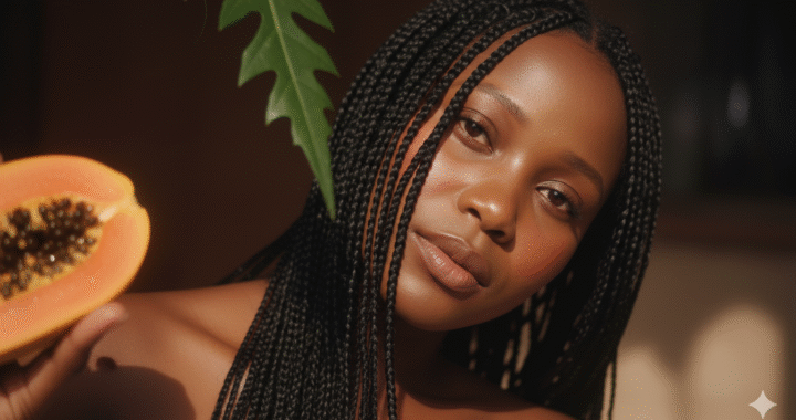 A hand is holding a slice of papaya