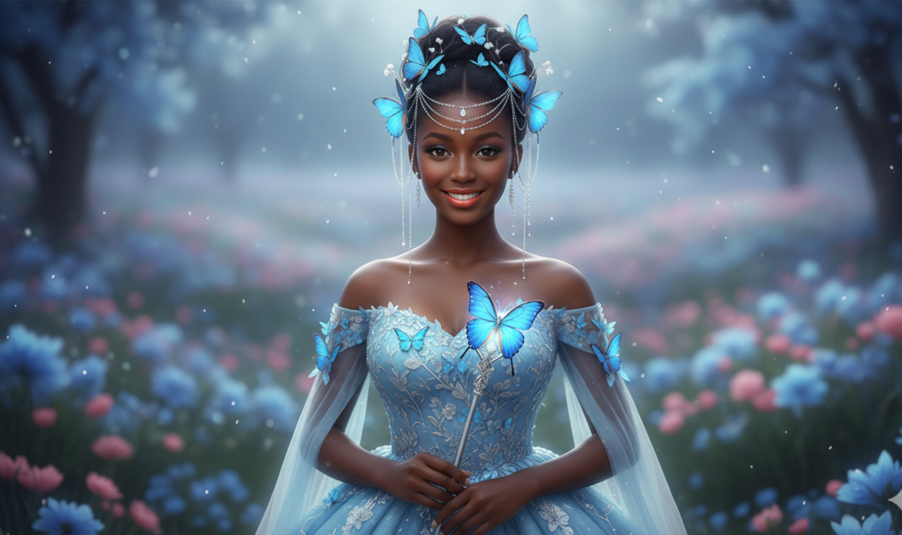 Do not change facial features. Portrait of a young woman, fair skin, dark eyes, coral lips. Dark updo with blue butterfly headpiece, silver chains. Light blue off-shoulder gown with floral, silver, and butterfly details, sheer flowing sleeves. Holding scepter with large blue butterfly. Dreamy blurred field of blue and pink flowers. Mood: enchanting, graceful, serene, fantasy.