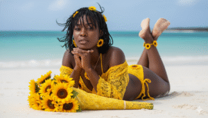 Create candid ultra-realistic cinematic glamour image 100% copy face ,identical to the attached image. Wearing one big sunflower bikini crochet detail top with off shoulder yellow lace pup and bottom yellow color with ties hips with sunflower accessories and wear sunflower accessories ear, sunflower pendant and bralate. Long wavy brown messy twin braid hair with accessories sunflower flowing with curtain bangs , doll make up and natural skin . She's lying down abdomen and crossed legs bent while front of her 100 paces sunflower bouquet with wrapped yellow lace and clasped hands in under the chin. Background at seaside white island. Soft, dramatic high-key lighting, beautiful skin texture, elegant, shallow depth of field. Realistic high detail HD shot and glamour shot. Canon EOS R5 shoot