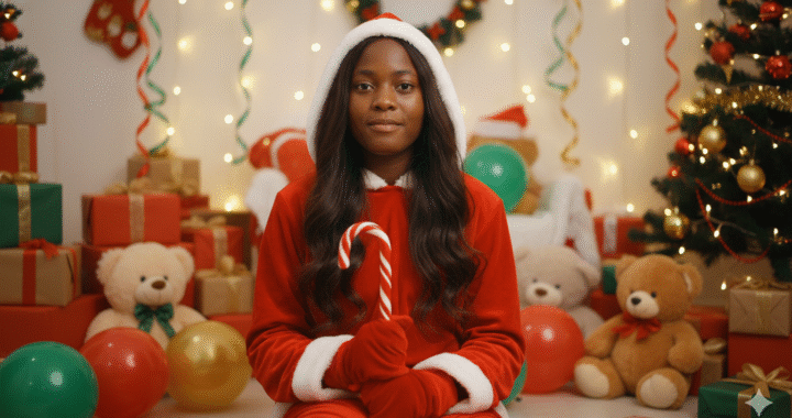 Holding a large candy cane.