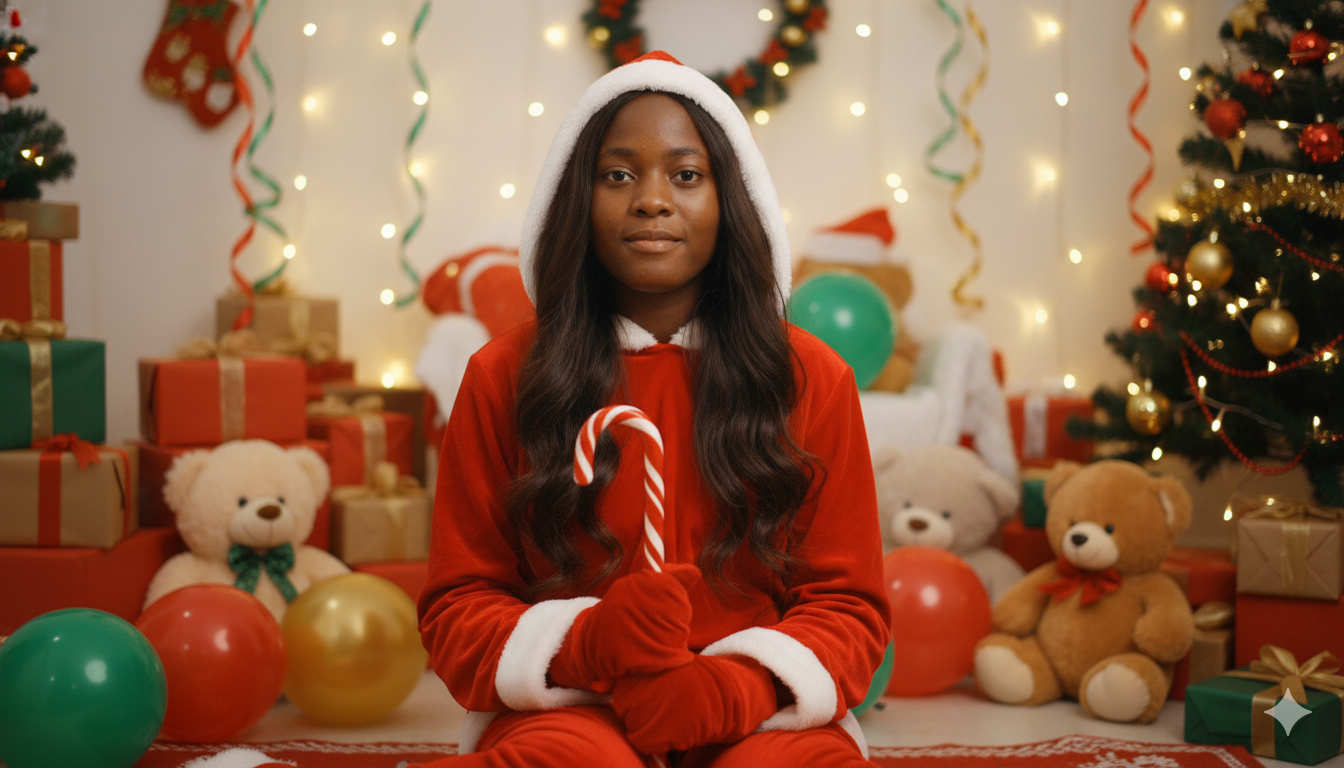 A young woman dressed ( use the uploaded image)in a festive red outfit with a hood and gloves, holding a large candy cane. She is sitting amidst with long dark brown hair various Christmas decorations, including gift boxes, teddy bears, balloons, and a small Christmas tree. The background features more holiday decor, creating a vibrant and playful atmosphere."