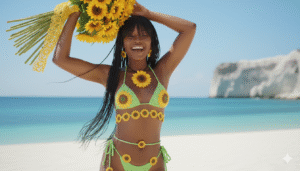 Create candid ultra-realistic cinematic glamour image 100% copy face ,identical to the attached image. Wearing one big sunflower bikini crochet detail top and bottom luminous green or lime color with ties hips with sunflower accessories and wear sunflower accessories ear, sunflower pendant and bralate. Short braided black messy twin braid hair with accessories sunflower flowing with curtain bangs , doll make up and natural skin . She's standing while holding 100 paces sunflower bouquet with wrapped yellow lace and raised up above with laughing. Background at seaside white island. Soft, dramatic high-key lighting, beautiful skin texture, elegant, shallow depth of field. Realistic high detail HD shot and glamour shot. Canon EOS R5 shoot