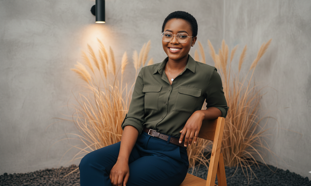 Create an image based on the attached original photo. The face, eyes, nose, mouth, and figure must be 100% identical to the attached original. Create a realistic portrait (face must remain 100% the same, do not modify). ​Hair: Same hairstyle, natural straight hair. ​Makeup: Natural tone makeup, faint rosy cheeks, eyes look big and bright, thin eyeliner, rosy pink lips. ​Outfit: Wearing the outfit from the second attached image. ​Glasses: Thin gold-rimmed square glasses. ​Scene: The background is a grey/bare concrete wall with a black cylindrical wall lamp shining downwards. Behind the subject, there are decorative plants resembling dry vetiver grass or reeds in a light brown or straw color. The floor has black and grey gravel/pebbles, looking like a photo corner in a coffee shop or café. ​Pose: A semi-reclined sitting pose, using the left hand to prop up the edge of the seat, the right leg slightly crossed forward. The body is slightly tilted, and the face is turned slightly to the left, looking at the camera with a beautiful, happy smile. ​Image Tone: Bright, warm, and comfortable tone (Earthy Tone), emphasizing white, beige, and light brown colors. The soft orange light provides a relaxing feeling and adds depth to the image. ​It should be a stylish and modern photograph, reflecting a tasteful relaxation in a beautifully decorated café atmosphere