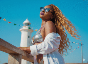 posing_with_arms_resting_on_a_wooden_railing_head_tilted_up_and_back_looking_toward_the_sun