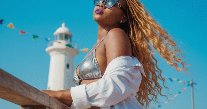 Posing with arms resting on a wooden railing, head tilted up and back, looking toward the sun.