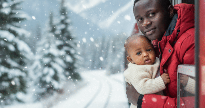 Leaning slightly out of a train window while securely holding his baby close to his chest