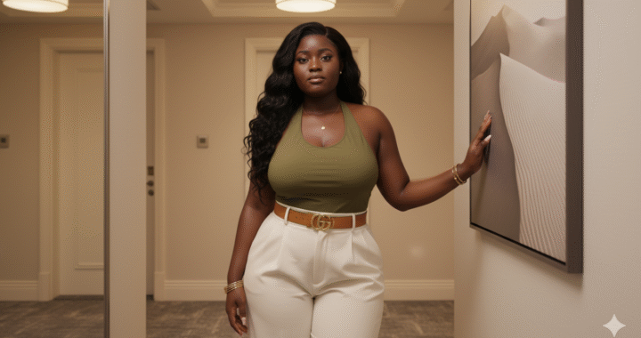 Olive green halter-neck top and high-waisted