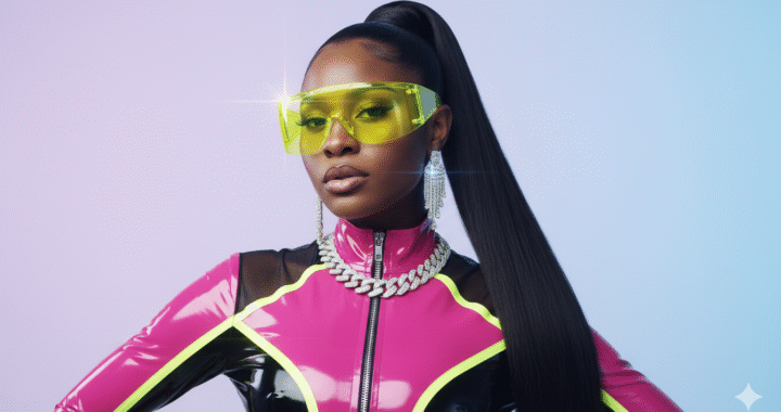 Wearing oversized neon yellow transparent visor sunglasses with a glossy finish.