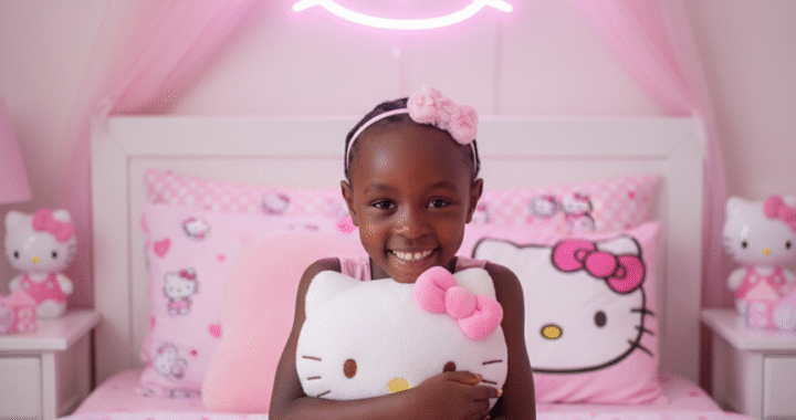 Sitting in the center of the bed, crossing her legs, wearing a cute pink dress hugging a large Hello Kitty plush toy