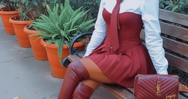 Burgundy and white fashion forward outfit inspired by a modern school uniform